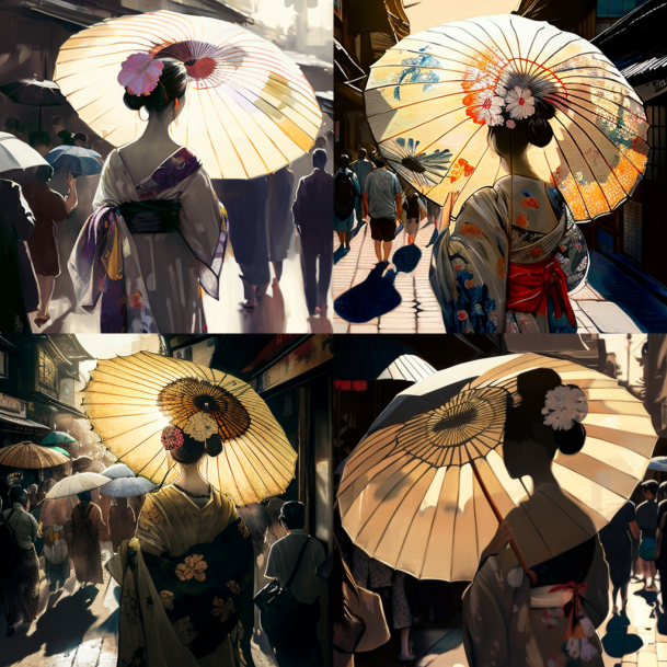 sunlight, tokyo, Geisha holding oil paper umbrella, back view, lots of people, photorealistic --upbe
